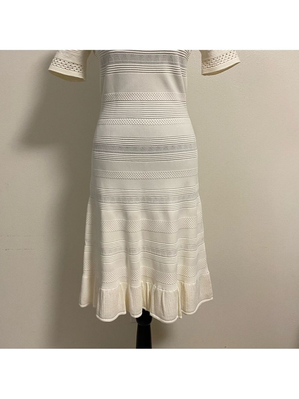 Eliza J Dress Women’s Size Medium Cream Pointelle Ruffle hem Dress fit & flare - Picture 6 of 16